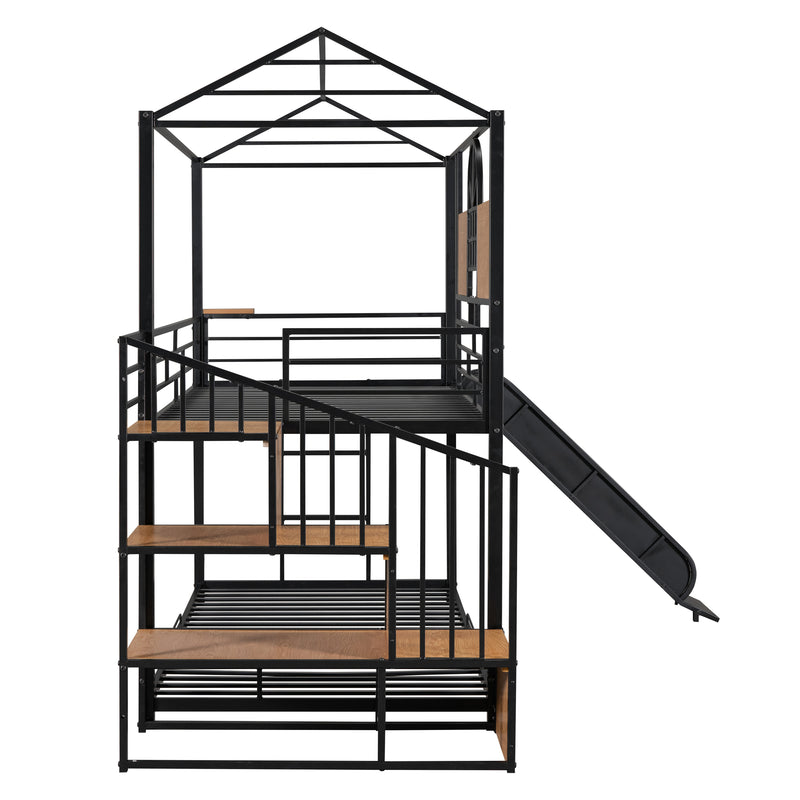 Twin Over Twin Metal Bunk Bed, Metal Housebed with Slide and Storage Stair, Black with Black Slide