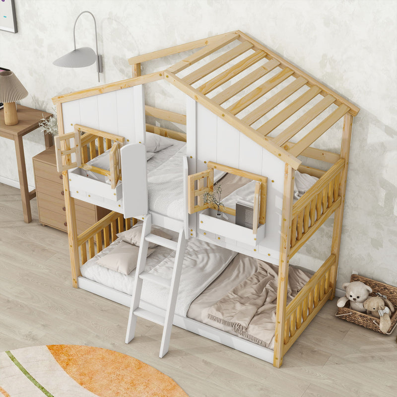 House Bunk Bed With Roof, Window, Window Box, Door, With Safety Guardrails And Ladder