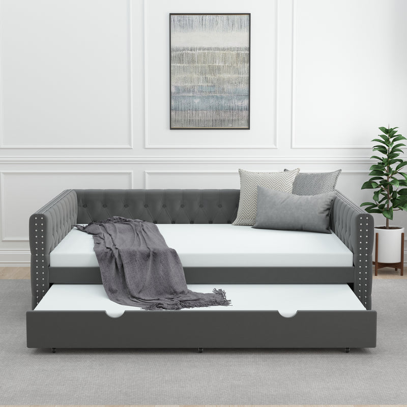 Daybed with Trundle Velvet Upholstered Tufted Sofa Bed, with Button and Copper Nail onSquare Arms,Full Daybed & Twin Trundle-  For Bedroom, Living Room, Guest Room,(83"x57"x26")