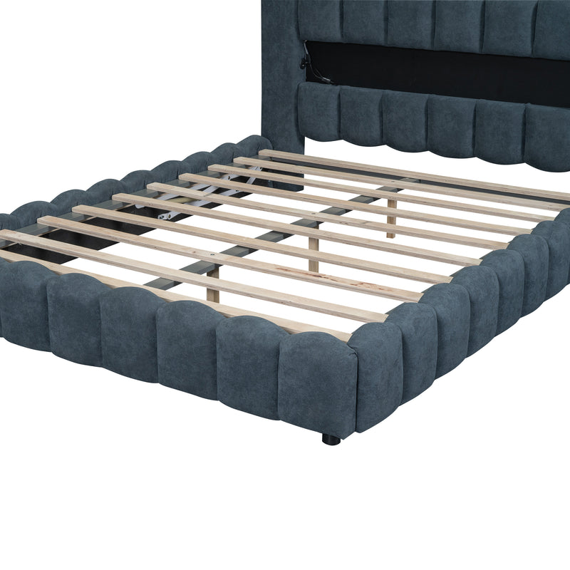 Queen Size Upholstered Platform Bed with LED Headboard and USB, Deep Blue