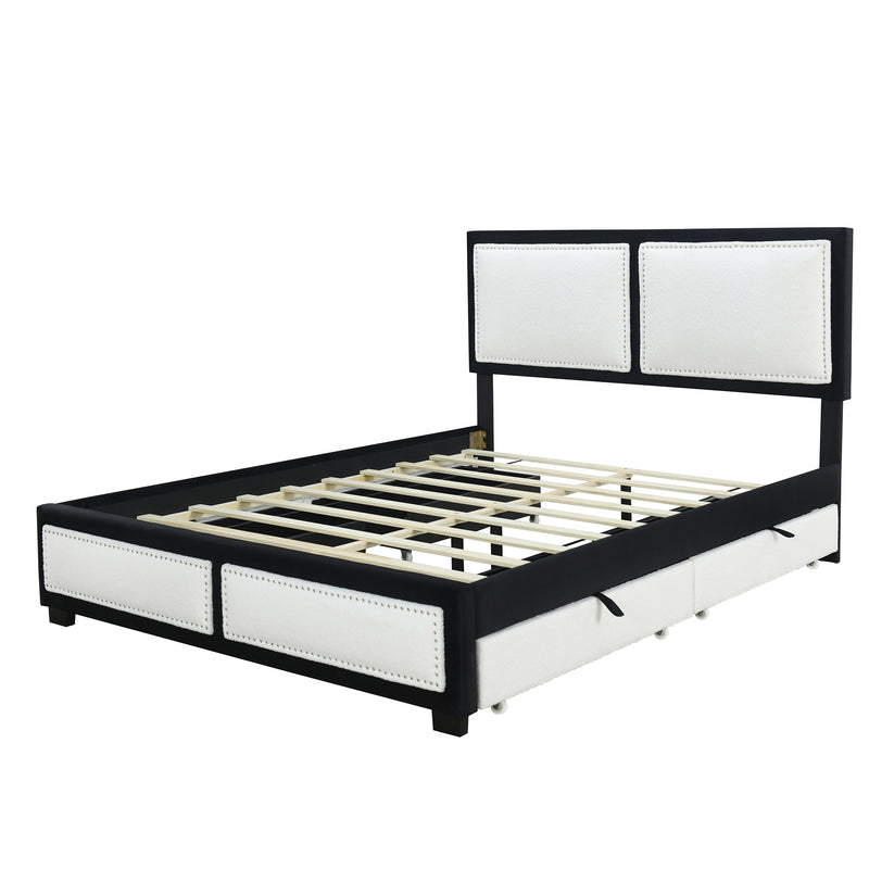 Queen Size Upholstered Platform Bed with Large Rivet-decorated Backrests and 4 Drawers, Velvet matched with Teddy Fleece, Black+White