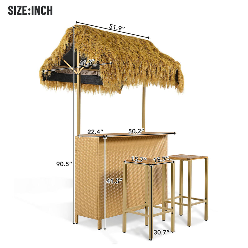 Hawaiian-Style Bar Height Patio Set With PE Grass Canopy, Outdoor Bar Table And Stools With Adjustable Feet, Acacia Wood Top, For Dining And Drinking - Natural