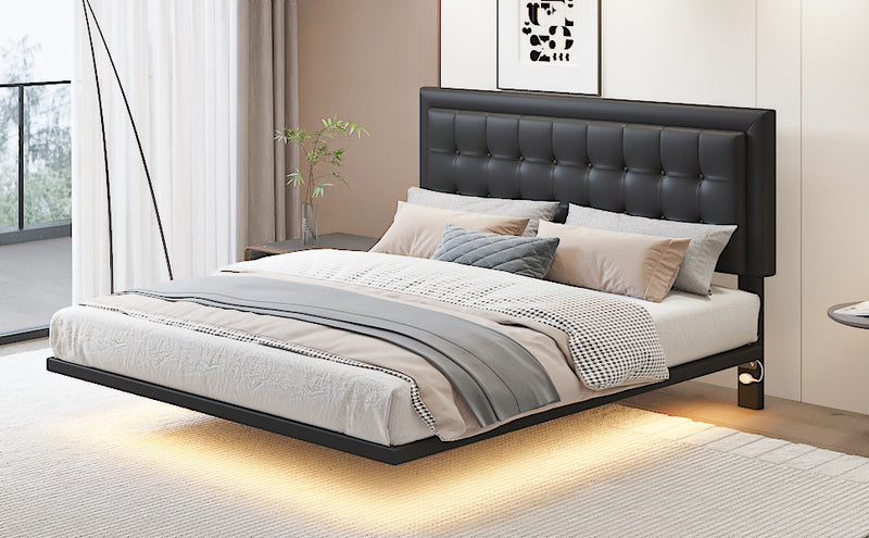 Queen Size Floating Bed Frame with Motion Activated Night Lights,Modern PU Upholstered Button Tufted Platform Bed Frame,Black