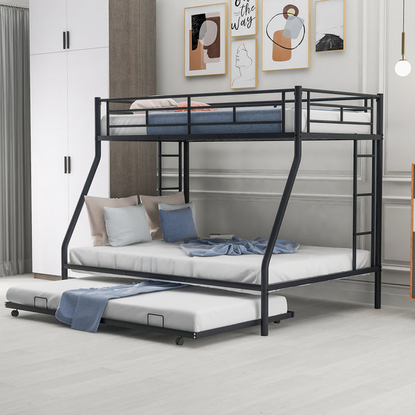 Twin over Full Bed with Sturdy Steel Frame, Bunk Bed with Twin Size Trundle, Two-Side Ladders, Black(OLD SKU:MF194424AAB)