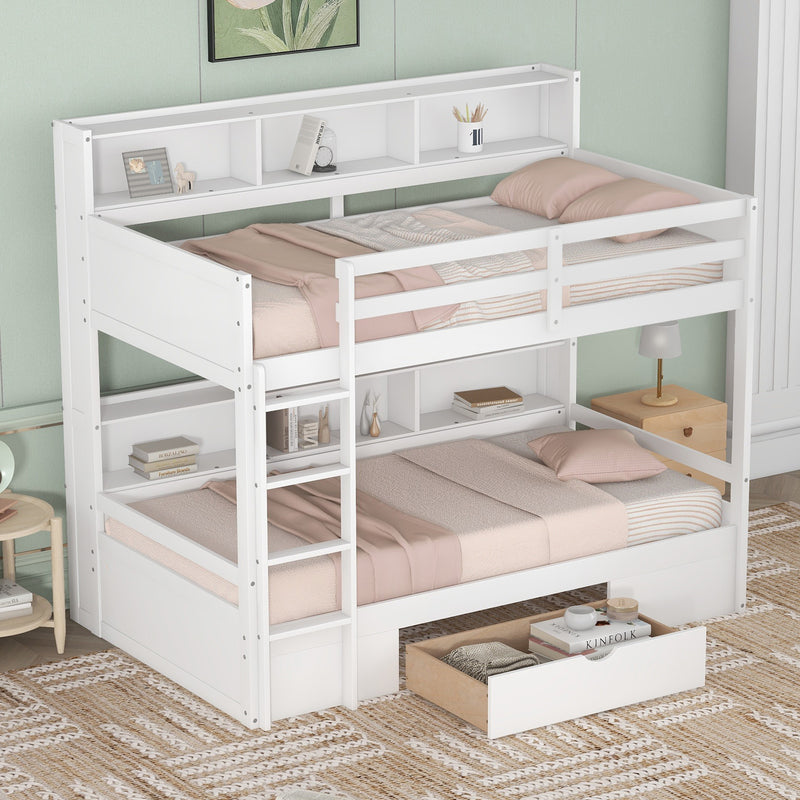 Twin Size Bunk Bed with Built-in Shelves Beside both Upper and Down Bed and Storage Drawer,White