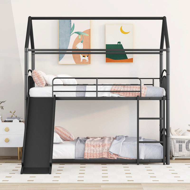 Twin Over Twin Metal Bunk Bed With Slide,Kids House Bed Black