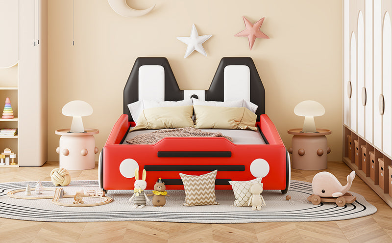 Twin Size Race Car-Shaped Platform Bed with Wheels,Red