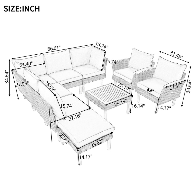 9 Piece Patio Rattan Furniture Set, Outdoor Conversation Set With Acacia Wood Legs And Tabletop, PE Rattan Sectional Sofa Set With Coffee Table, Washable Cushion