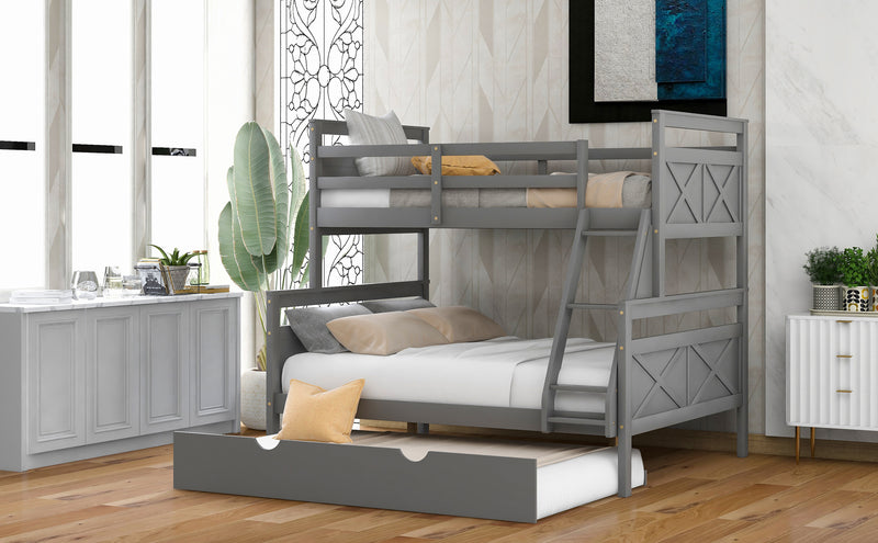 Twin over Full Bunk Bed with Ladder, Twin Size Trundle, Safety Guardrail, Gray