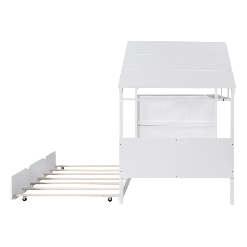 Wood Twin Size House Bed with Trundle and Storage, White