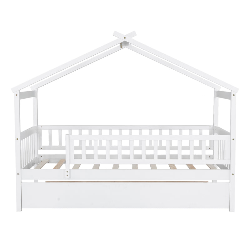 Twin Size Wooden House Bed with Twin Size Trundle, White