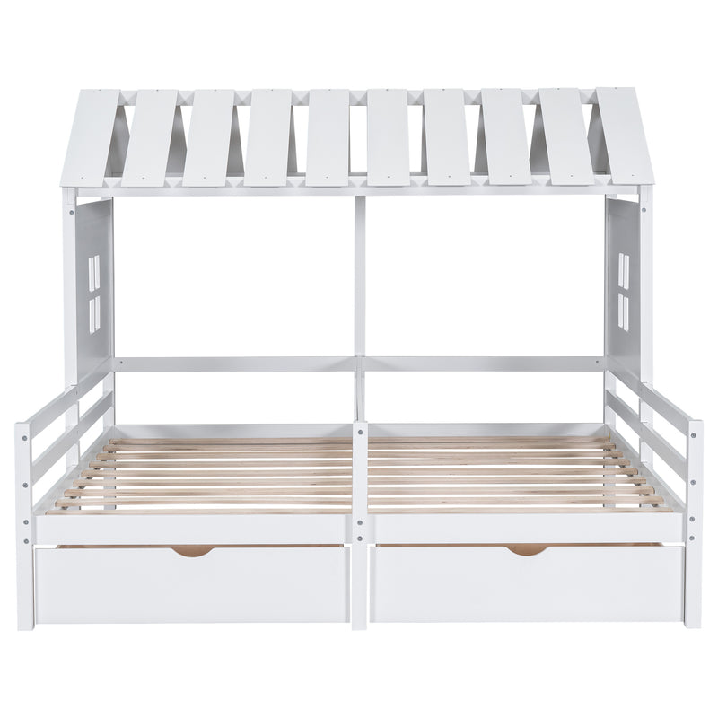 Twin Size House Platform Beds with Two Drawers for Boy and Girl Shared Beds, Combination of 2 Side by Side Twin Size Beds, White(old sku: GX000927AAK)