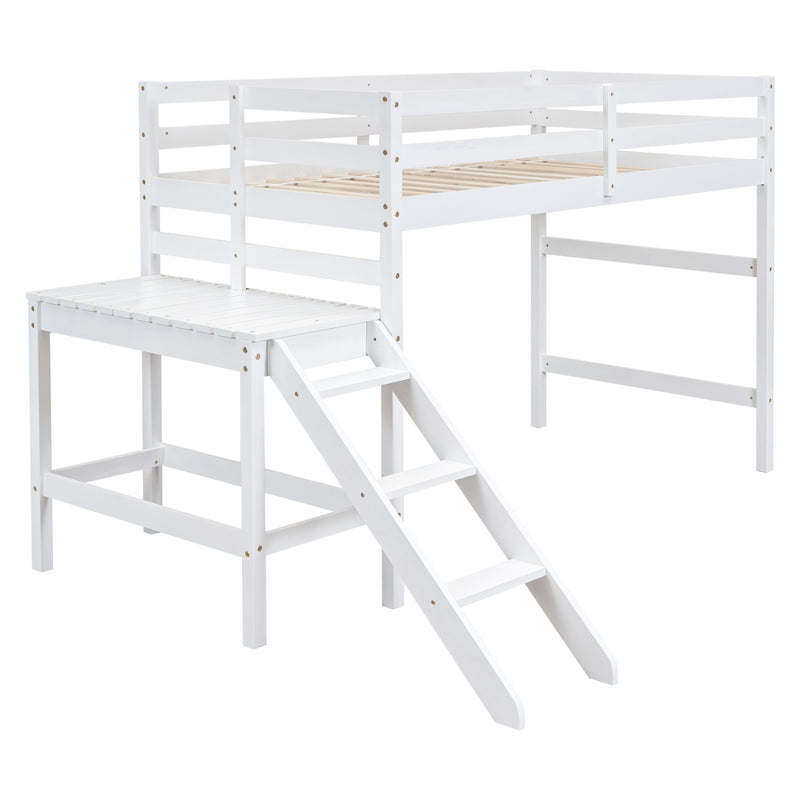 Twin Loft Bed with Platform, ladder,White