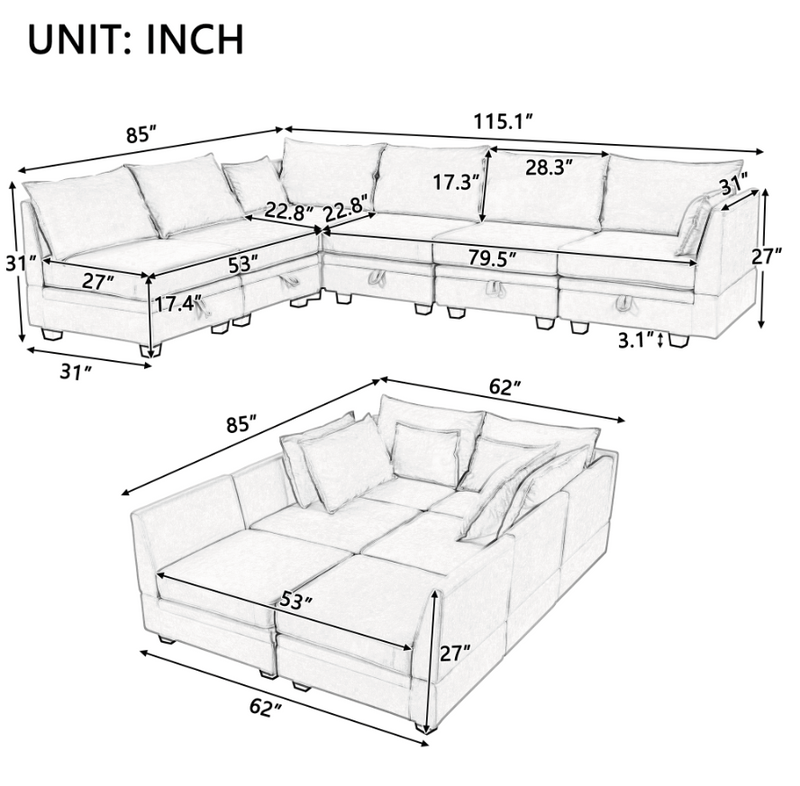 U_Style Modern Large U-Shape Modular Sectional Sofa, Convertible Sofa Bed with Reversible Chaise for Living Room, Storage Seat