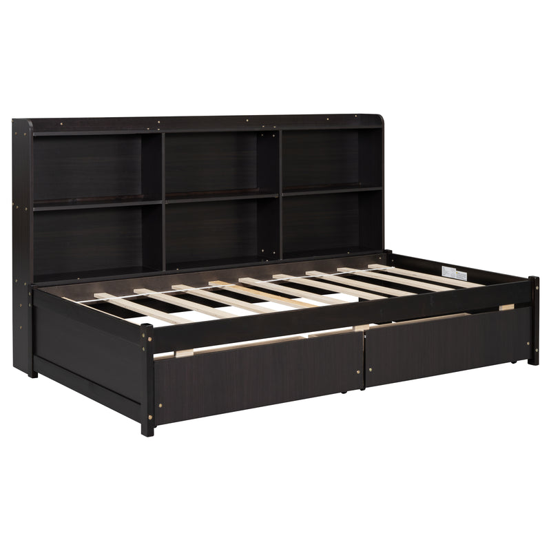 Twin Bed with Side Bookcase, Drawers ,Espresso