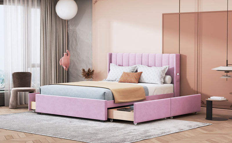 Queen Size Upholstered Bed with 4 Drawers, Pink