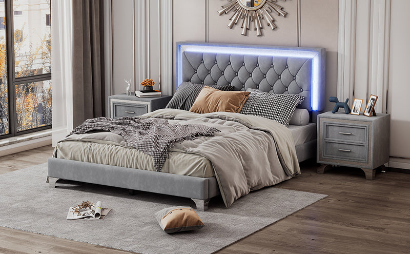 Queen Size Upholstered Bed Frame with LED Lights,Modern Velvet Platform Bed with Tufted Headboard,Gray