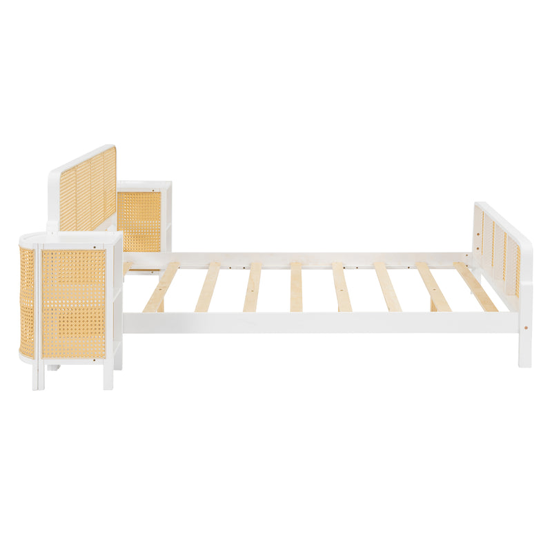 3 Pieces Rattan Platform Full Size Bed With 2 Nightstands,White