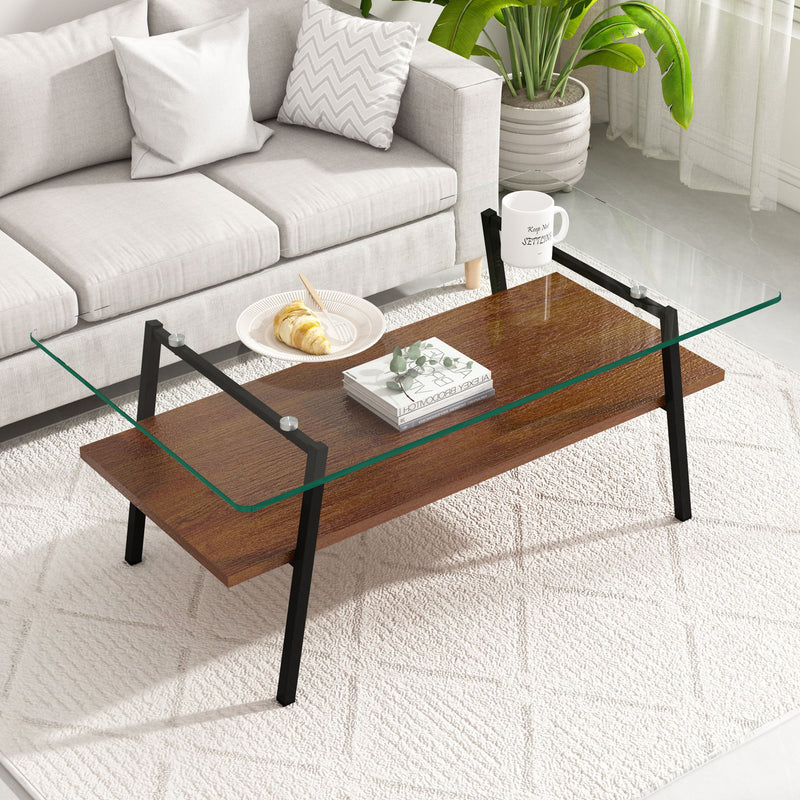 Rectangle Coffee Table, Tempered Glass Tabletop With Metal Legs, Modern Table For Living Room