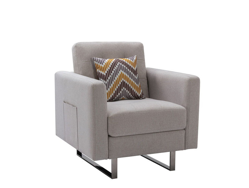 Victoria - Linen Fabric Armchair With Metal Legs, Side Pockets, And Pillow