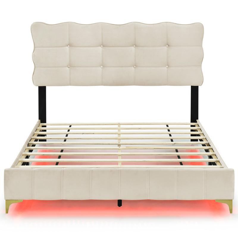 Queen Size Velvet Platform Bed with LED Frame and Stylish Mental Bed Legs, Beige