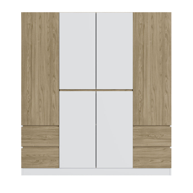 6 Doors Wardrobe Storage For Bedroom, With 4 Drawers - White / Nature