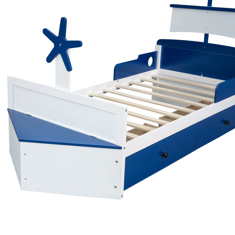 Twin Size Boat-Shaped Platform Bed with 2 Drawers ,Twin Bed with Storage for Bedroom,Blue