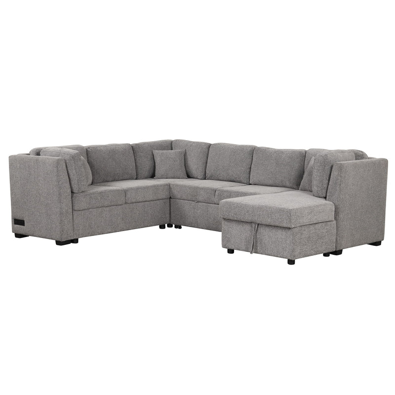 U-Shaped Sectional Sofa Pull Out Sofa Bed With Two USB Ports, Two Power Sockets, Three Back Pillows And A Storage Chaise For Living Room