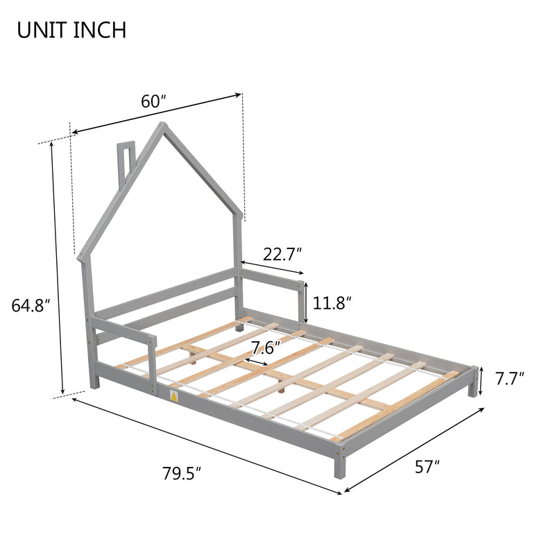 House-Shaped Headboard Bed With Handrails, Slats