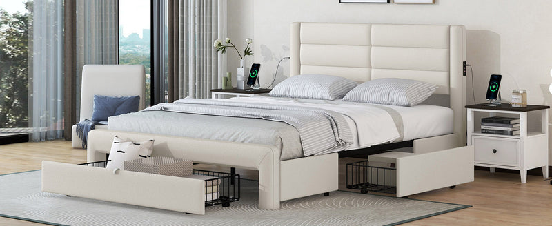 Queen Size Bed Frame with Drawers Storage, Leather Upholstered Platform Bed with Charging Station,Beige