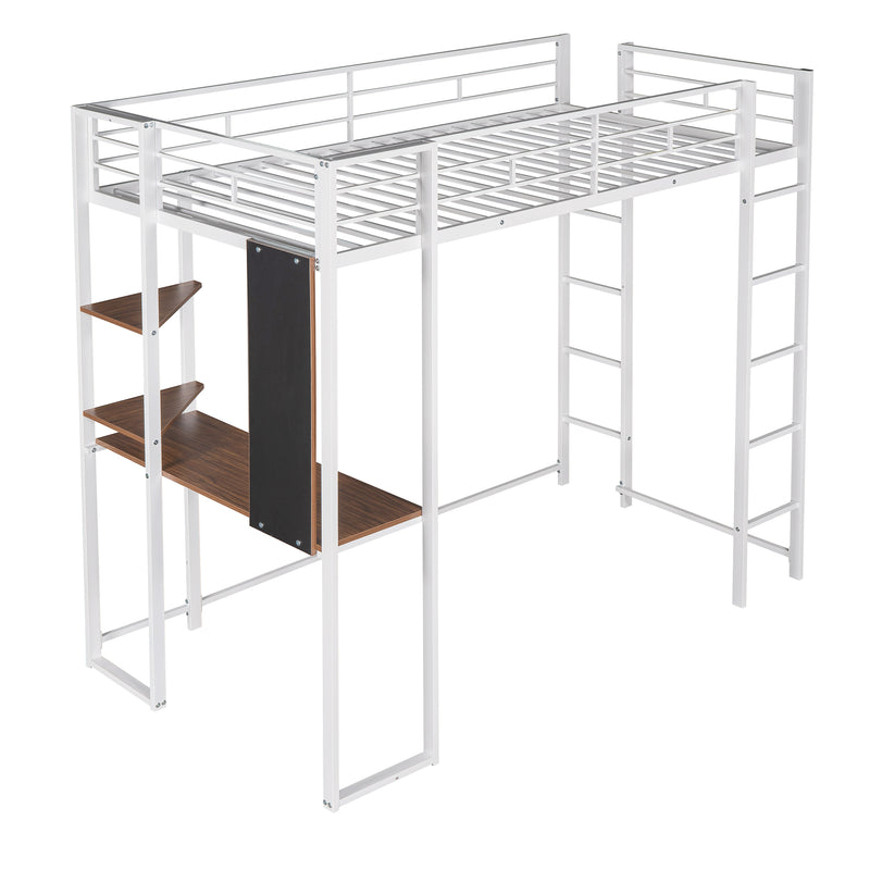 Twin Metal Loft Bed with 2 Shelves and one Desk ,WHITE(Old SKU: MF281206AAK)