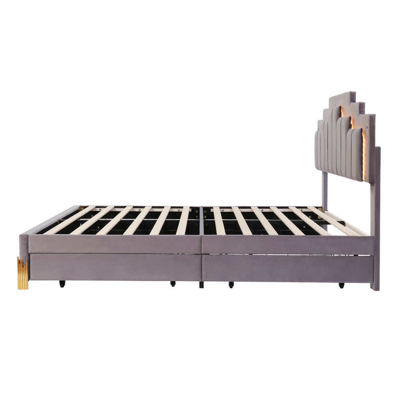 Queen Size Upholstered Platform Bed with LED Lights and 4 Drawers, Stylish Irregular Metal Bed Legs Design, Gray