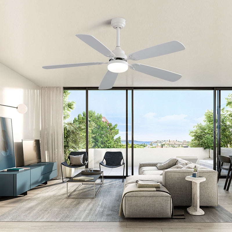 Indoor Modern 52" Ceiling Fan With Dimmable 6 Speed Wind 5 Blades Remote Control Reversible Dc Motor With LED Light - White