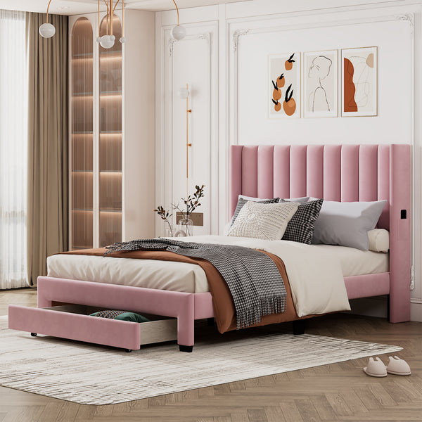 Queen Size Storage Bed Velvet Upholstered Platform Bed with a Big Drawer - Pink