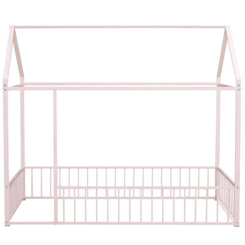 Twin Size Metal Bed House Bed Frame with Fence, for Kids, Teens, Girls, Boys, Pink