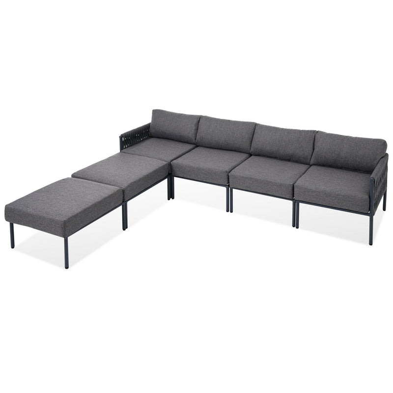 6 Pieces Aluminum Patio Furniture Set, Modern Metal Outdoor Conversation Set Sectional Sofa With Removable Olefin Extra Thick Cushions Cushion - Gray