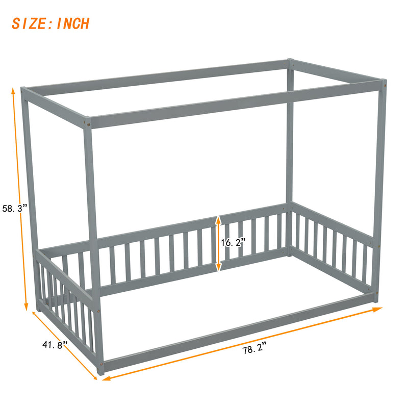 Canopy Frame Floor Bed With Fence, Guardrails