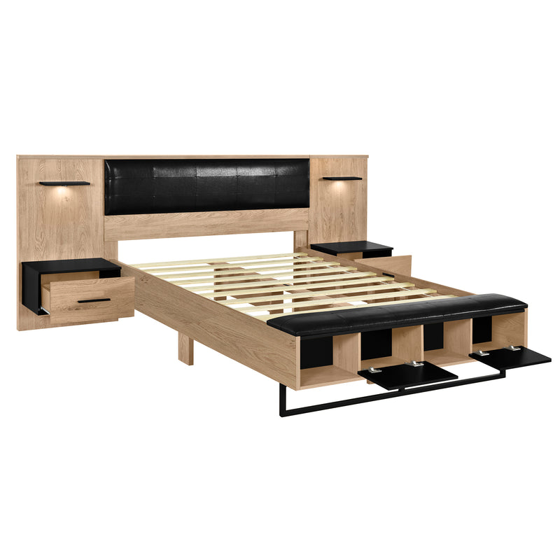 Queen Size Wood Platform Bed with Upholstered Headboard, Lights and Storage Nightstand, Bench, Walnut