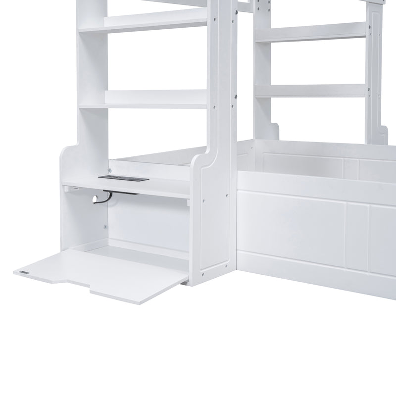 Twin Size House Bed with Bench, Socket and Shelves, White