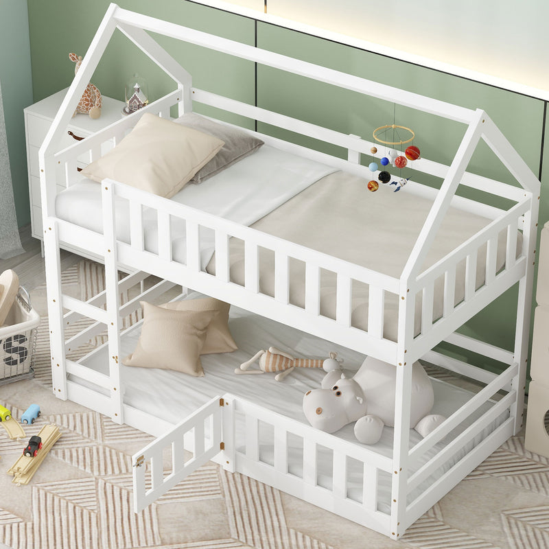 Twin over Twin House Bunk Bed with Fence and Door, White