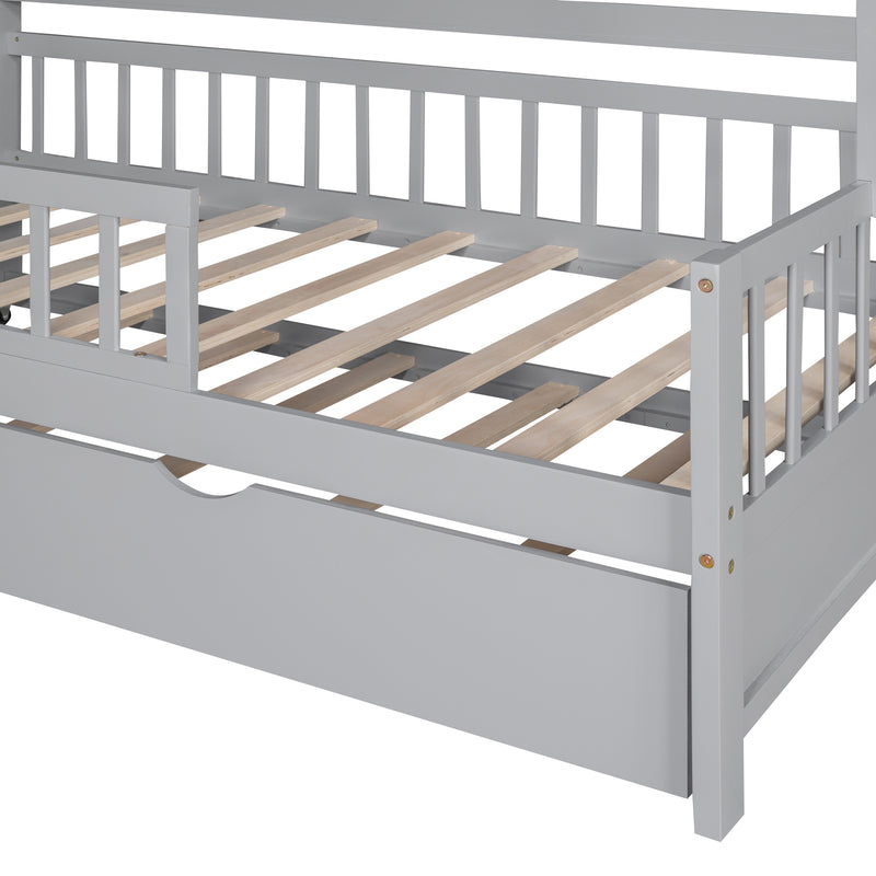 Wooden Twin Size House Bed with Trundle,Kids Bed with Shelf, Gray