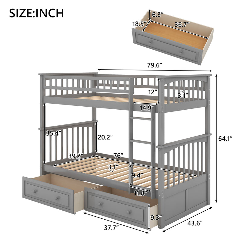 Twin Over Twin Bunk Bed With Drawers, Convertible Beds