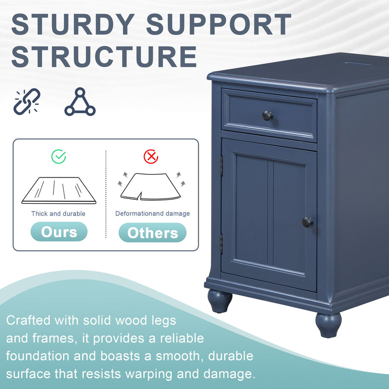 End Table With Solid Wood Legs, Side Table With USB Ports, 1 Storage Cabinet And 1 Drawer For Living Room