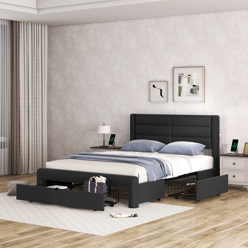 Queen Size Bed Frame with Drawers Storage, Leather Upholstered Platform Bed with Charging Station, Black