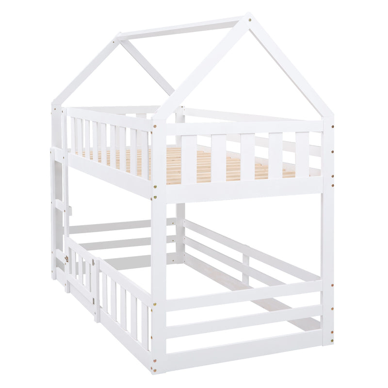 Twin Over Twin House Bunk Bed With Fence And Door - Gray