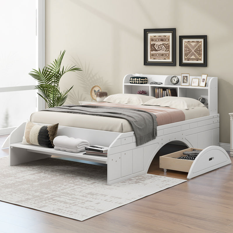 Wood Full Size Platform Bed with 2 Drawers, Storage  Headboard and Footboard, White