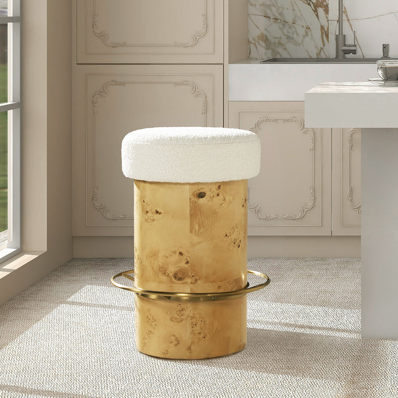 Nebula - Backless Round Upholstered Counter Stool With Burl - Ivory White