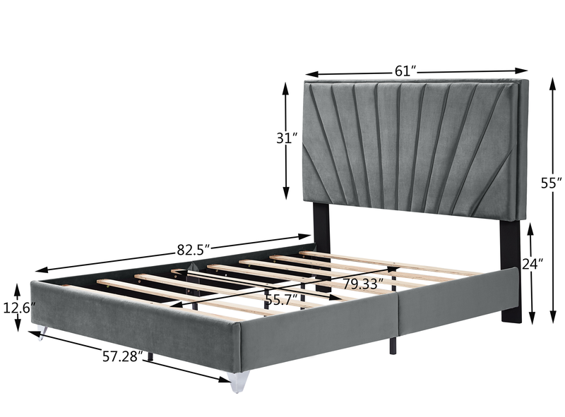 B108 Full bed with two nightstands, Beautiful line stripe cushion headboard , strong wooden slats + metal legs with Electroplate