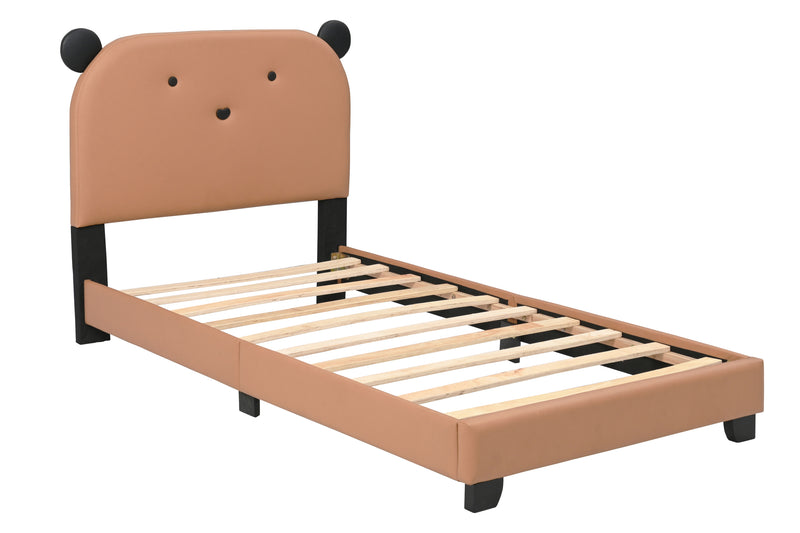 Upholstered Twin Size Platform Bed for Kids, with Slatted Bed Base, No Box Spring Needed, Brown color, Bear Design