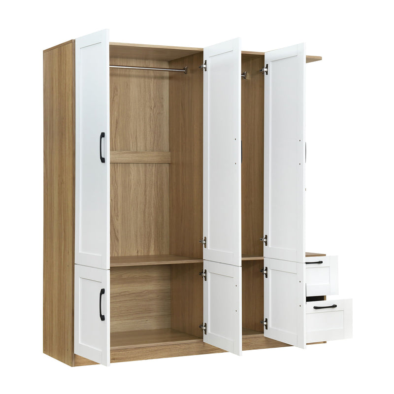 3 Door Storage Wardrobe For Dedroom With Shelves And 2 Drawers, Side Storage Shelves